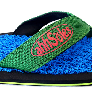 Side angle of AhhSoles blue and green sandal